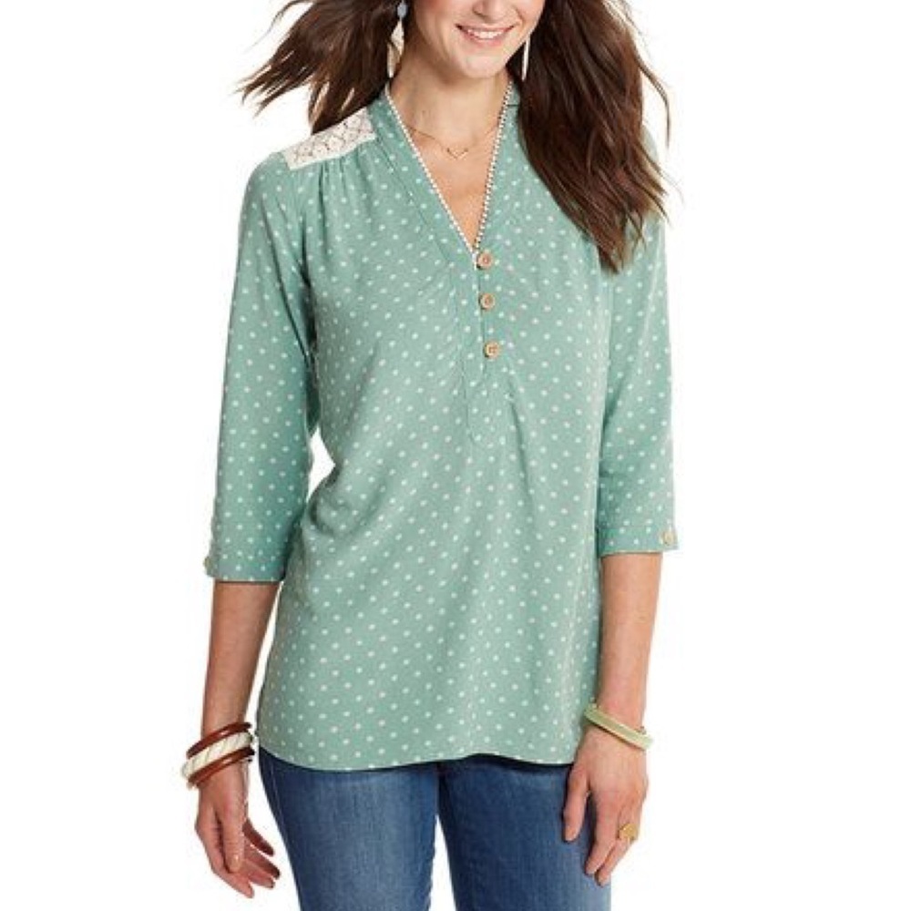MATILDA JANE ENTICING EYELET MINT DOT LACE CUTOUT V NECK TUNIC BLOUSE